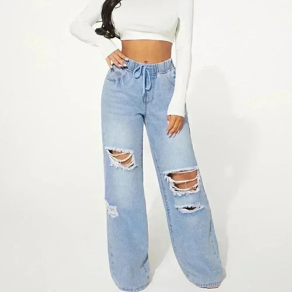 Light Wash Casual Women's Drawstring Waist Cut Out Ripped Wide Leg Jeans